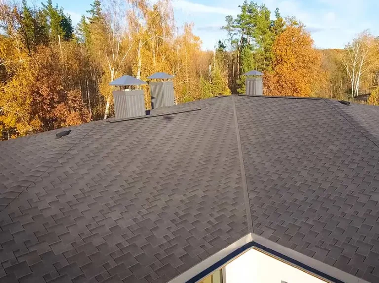 Freshly installed residential roof with trees in the background