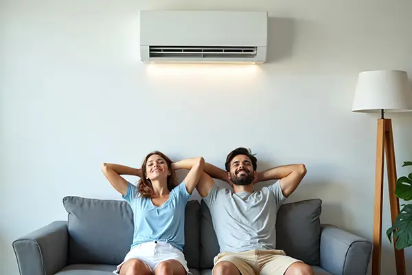 Couple sitting on a couch enjoying the cool air from a ductless mini split AC system